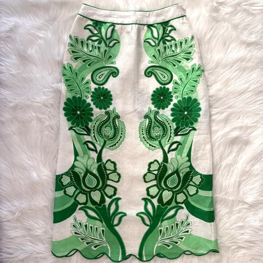 FARM Rio Color Festival Linen Midi Skirt, Green, NWT 🇧🇷 - Picture 7 of 16
